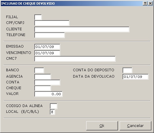 Sistemas Financeiro - Inclusão de cheques devolvidos