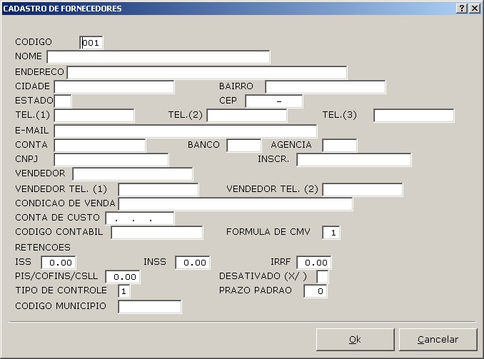 Cadastros Gerais - Cadastro de fornecedores (insert) 