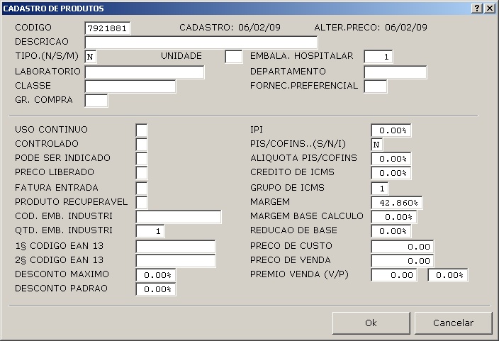 Cadastro de Produtos - Ficha Cadastro de Produtos