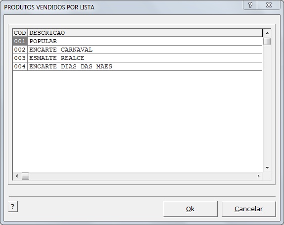Sistemas Financeiro - Produtos Vendidos por Lista