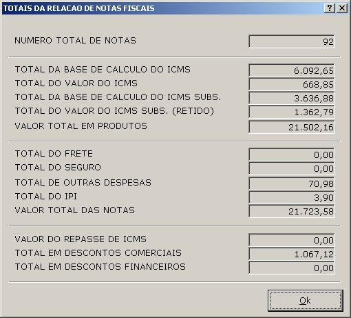 Totais da Relação de Notas