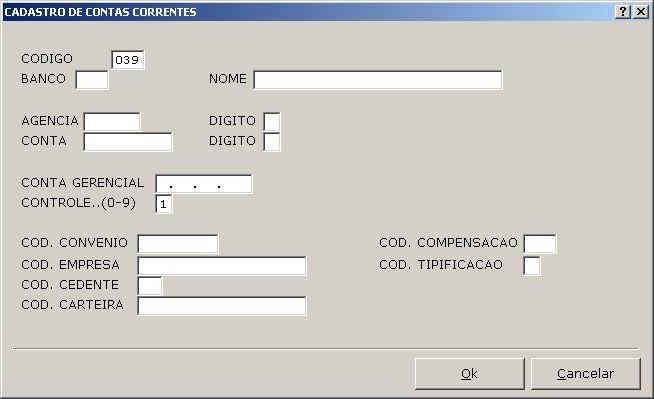 Cadastros Gerais - Cadastro de contas correntes (insert) 