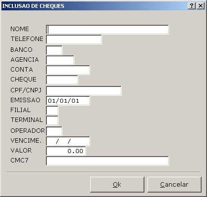 Sistemas Financeiro - Inclusão de Cheque