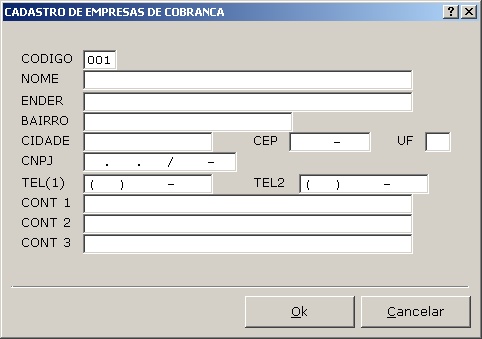 Cadastros Gerais - Cadastro empresa de cobrança (insert)