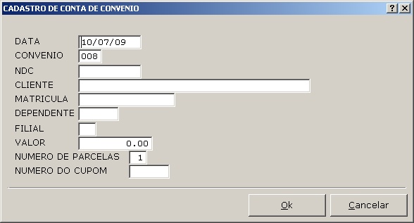 Sistemas Financeiro - Cadastro de conta de convenio