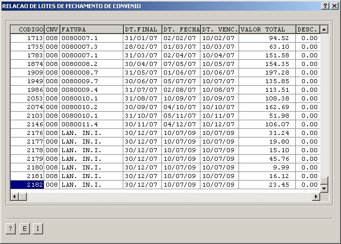 Sistemas Financeiro - Relação de lotes de fechamento de convênio