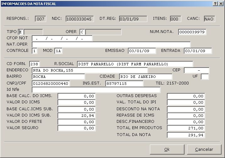 Informações da Nota Fiscal