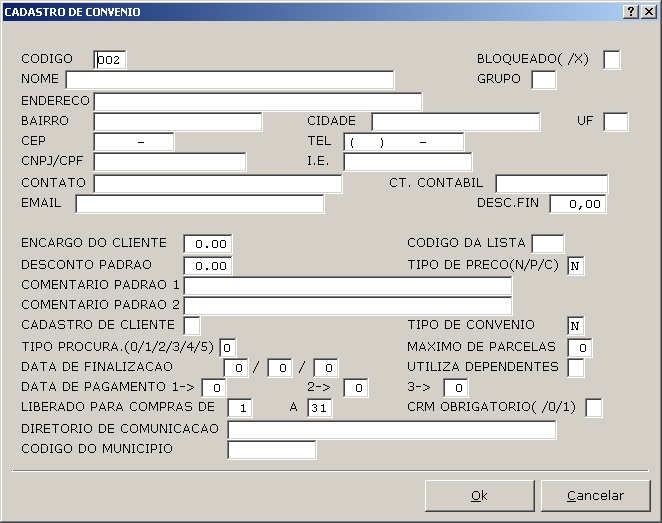 Cadastros Gerais - Cadastro de convênio (insert)